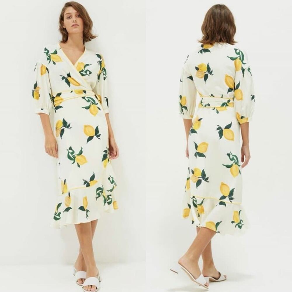 Chinti & Parker White Ivory Yellow Lemon Print Silk Wrap Dress - 8